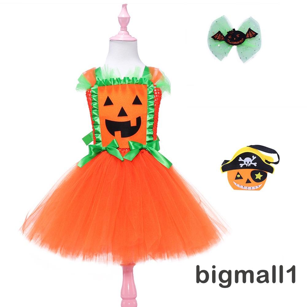 Topmall Set Đầm Hóa Trang Bí Ngô halloween + Túi Kẹp Tóc Dễ Thương Cho Bé Gái 2-9 Tuổi