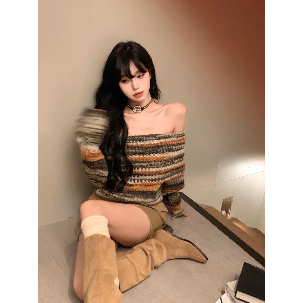 Áo sweater Hở Vai Họa Tiết Kẻ Sọc Nhiều Màu Thời Trang Mùa Xuân 2023 Cho Nữ 3mvp