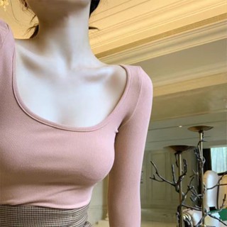 FXDAZI [Áo Thun Dáng Ôm] Áo Thun Lót Lông Cừu Cổ Chữ u Hở Xương Quai Xanh Lá Phong Cách Mới Thu Đông Gợi Cảm Dễ Phối Đồ