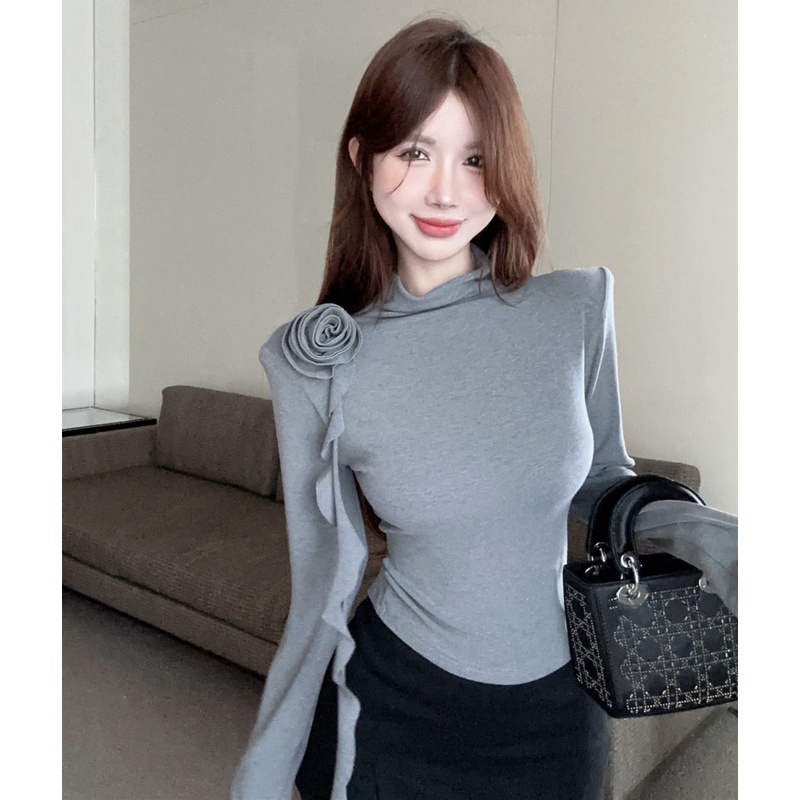 Áo Thun Tay Dài Cổ Cao Dáng Ôm Thời Trang Thu Đông Cho Nữ