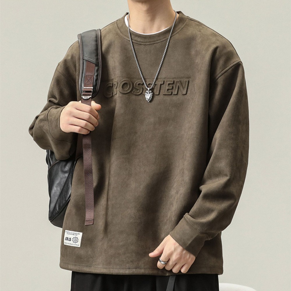 Áo sweater da lộn cổ tròn dáng rộng thời trang thu đông dành cho nam giới