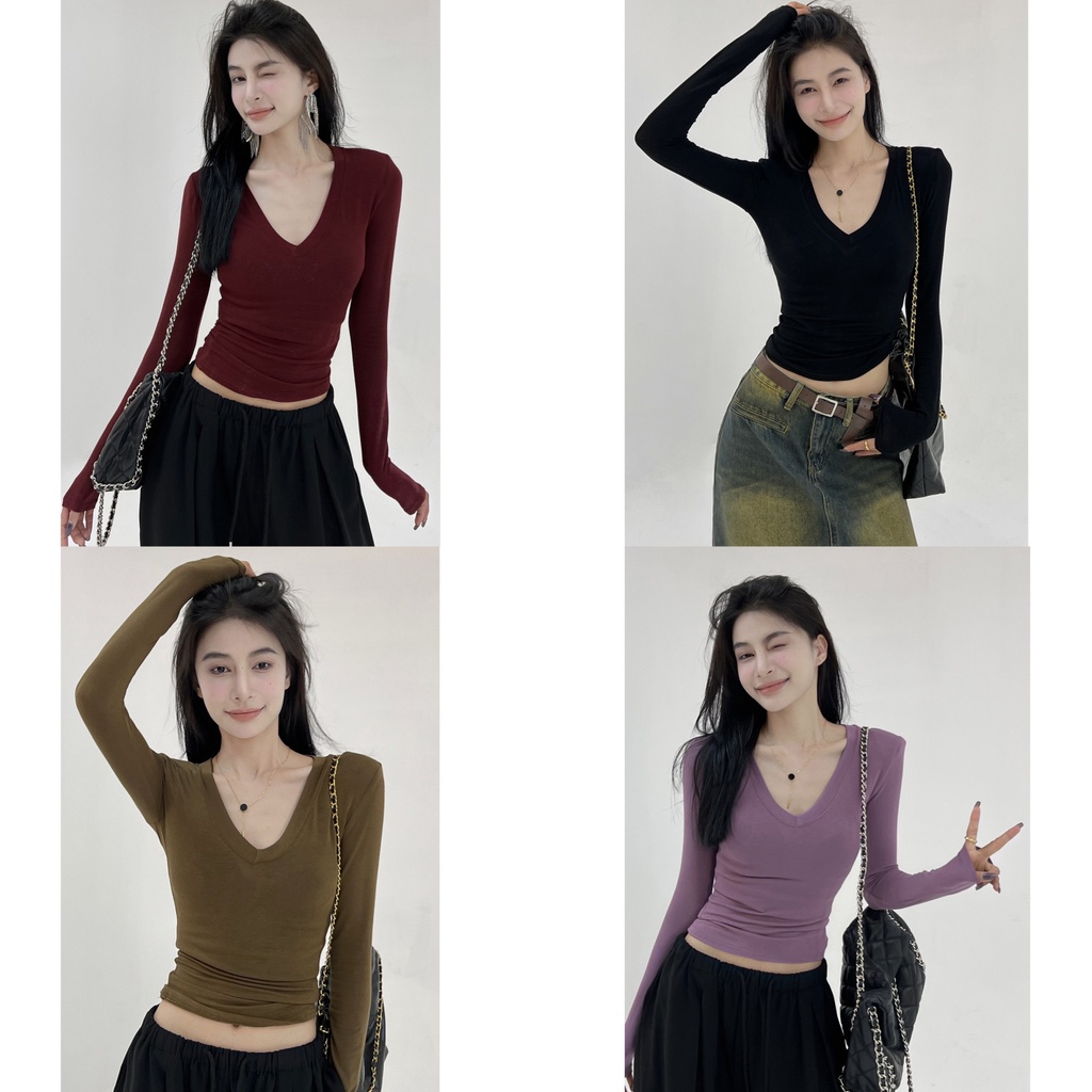 Áo Thun cotton Mỏng Tay Dài Cổ Chữ v Thời Trang Mùa Thu Phong Cách Mới Dành Cho Nữ