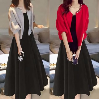 Bộ Áo Khoác Đính Hạt + Đầm Dệt Kim Dáng Ôm Thời Trang Mùa Thu Kiểu Mới Cỡ Lớn Cho Nữ