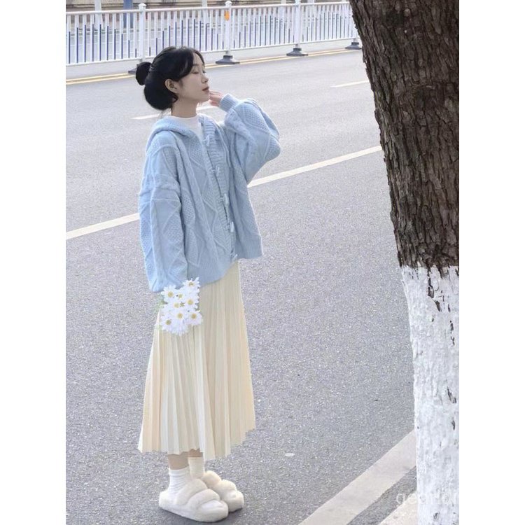 Áo Khoác cardigan Có Mũ Trùm Đầu Mềm Mại Màu Xanh Nhạt Khóa Xoắn fufu Thời Trang Xuân Thu Cho Nữ