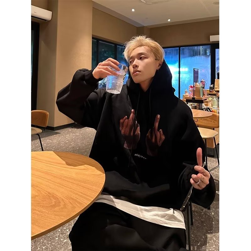 Áo hoodie Thu Đông Phong Cách Mới Hình Ngón Tay Giữa Độc Đáo Màu Đen Cho Nam Sinh Tuổi Teen