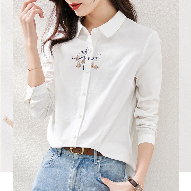 Áo Sơ Mi cotton Dài Tay Thêu Họa Tiết Thời Trang Xuân Thu Mới Cho Nữ