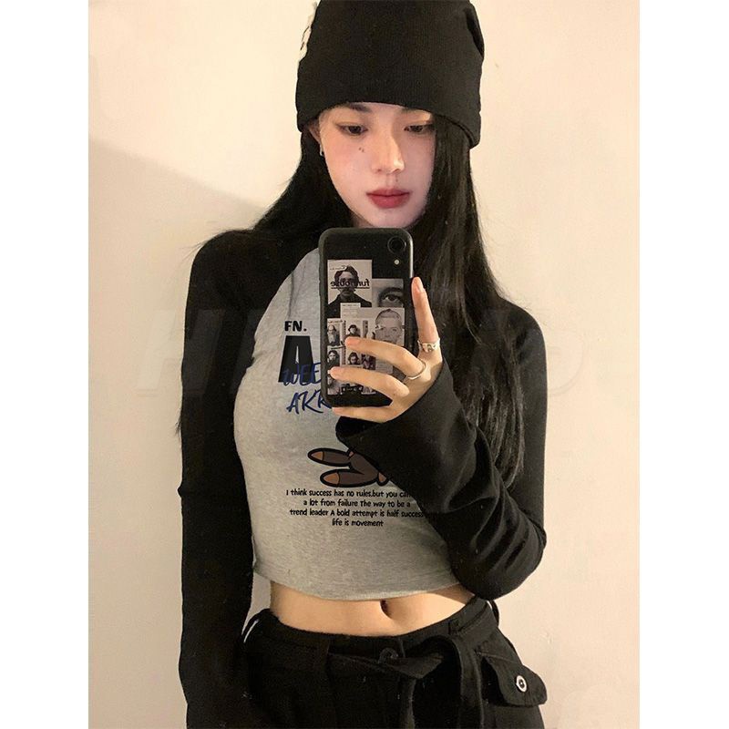 Áo baby tee  Áo Thun Tay Dài Áo croptop tay dài Cổ Tròn Dáng Ôm Phong Cách retro Mỹ Thời Trang Thu Đông Cho Nữ