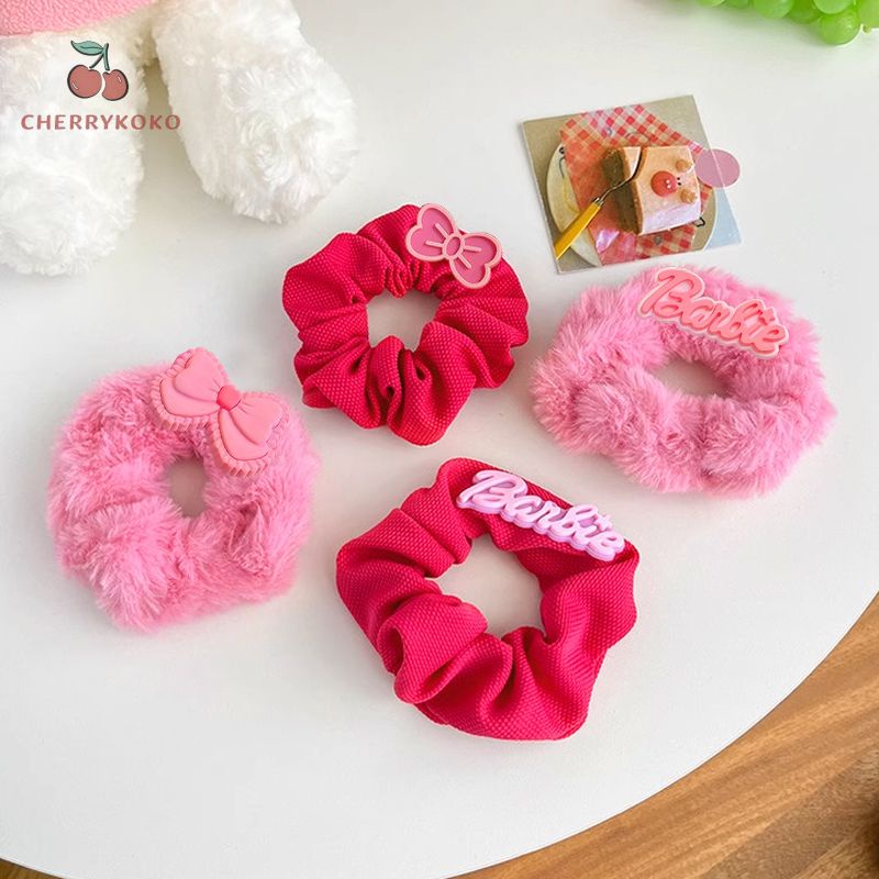 🍒🍒Cherrykoko Búp bê barbie Dây Cột Tóc Vải Lông Hình Nơ In Chữ barbie Màu Hồng Ngọt Ngào Thời Trang Hàn Quốc Cho Nữ