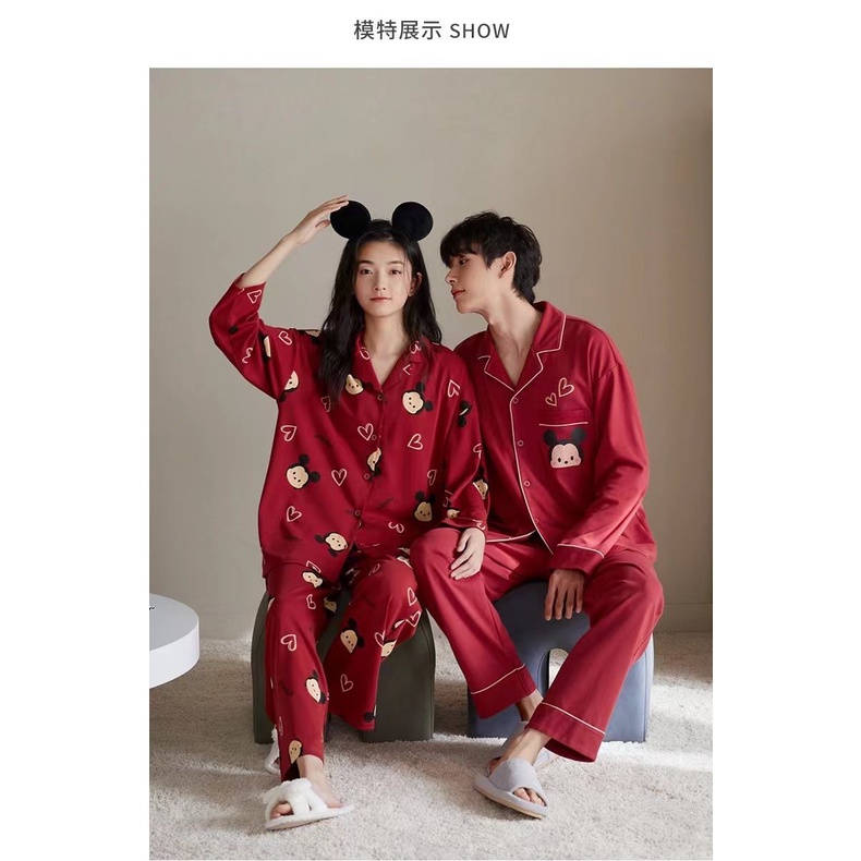Bộ Đồ Ngủ cotton Tay Dài Màu Đỏ Thời Trang Xuân Thu 2023 Dành Cho Cặp Đôi