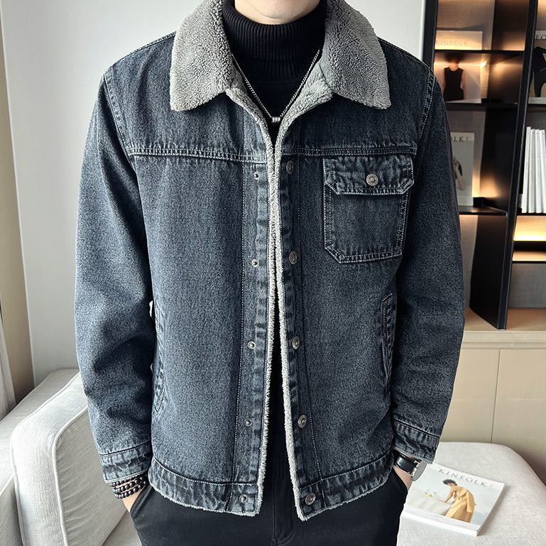 Áo Khoác denim Lót Lông Cừu Dày Dặn Giữ Ấm Phong Cách Hàn Quốc Thời Trang Mùa Đông Mới 2023 Cho Nam Trung Niên