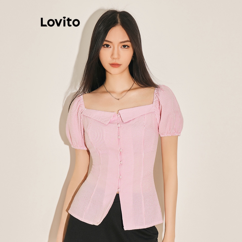 Áo kiểu Lovito họa tiết cài nút kẻ sọc thường ngày cho nữ L61AD027 (Màu hồng)