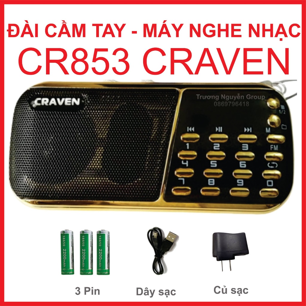 Đài Cầm Tay - Máy Nghe Nhạc Thẻ Nhớ Usb - Fm - Radio - Kiêm đèn Pin led siêu sáng - Loa Craven Cr 853 - 3 Pin sạc