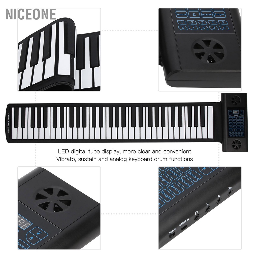 NiceOne  Bàn phím mềm Đàn piano 61‑Bàn cuộn lên Loa Bluetooth kép có thể sạc lại bằng silicon 100‑240V cmman