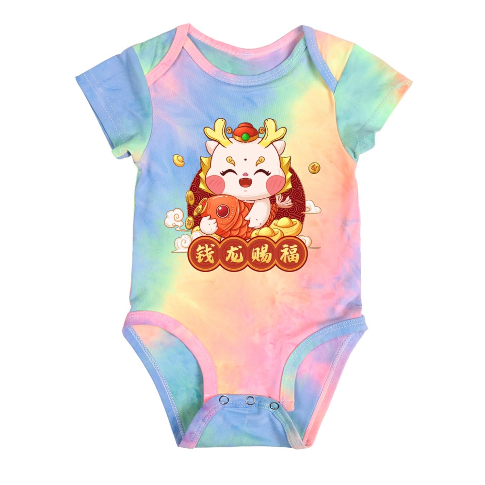2024 Năm Rồng CNY Họ Phù Hợp Với Dây Buộc Nhuộm Áo Thun Thời Trang Mùa Hè Hoạt Hình Tee Tie Dye Áo Họ Nhìn Năm Mới Tay Ngắn Top