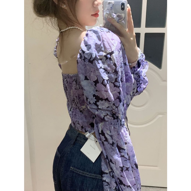 One Áo Sơ Mi Tay Dài Phồng Trễ Vai In Họa Tiết Hoa Thời Trang Xuân Thu 2023 Cho Nữ