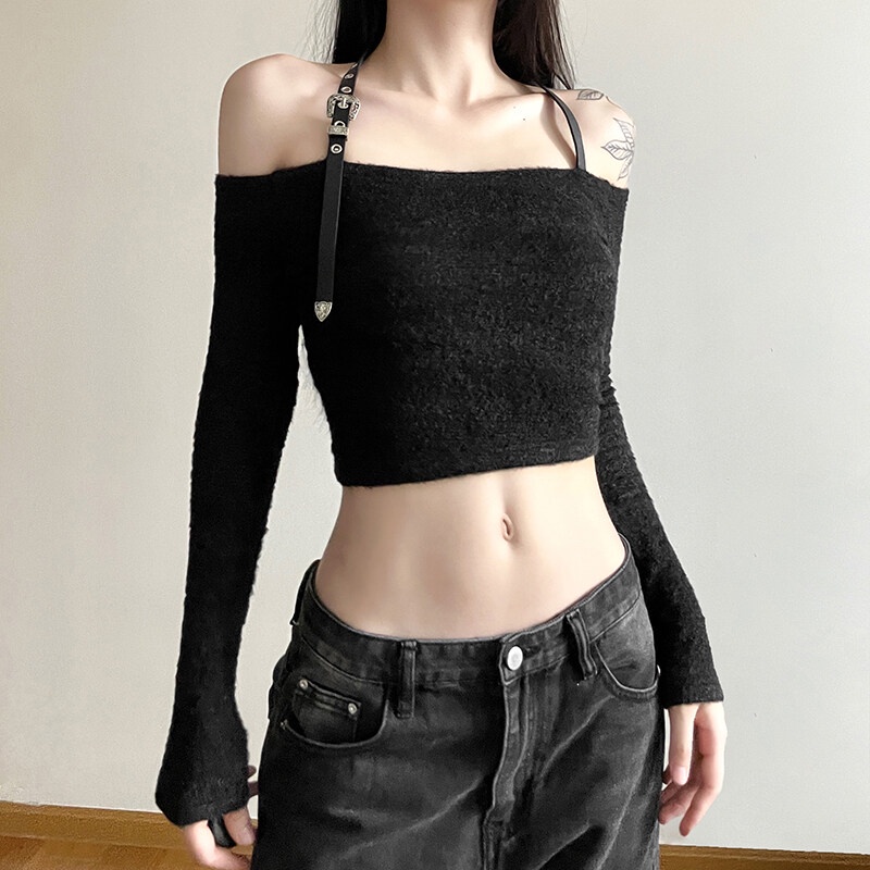 Weird Puss Áo Croptop Dệt Kim Dài Tay Trễ Vai Thời Trang Quyến Rũ Dành Cho Nữ