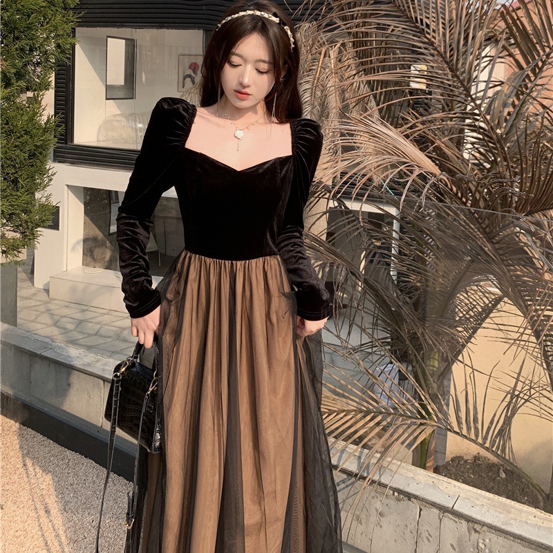 Đầm Dài Tay Phối Lưới Phong Cách Pháp Thời Trang Mùa Thu Cao Cấp Cho Nữ