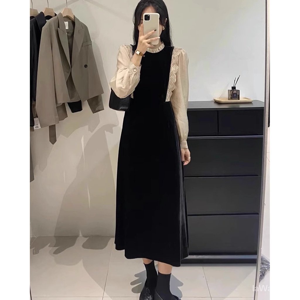 Slightly fat Đầm Nhung Dáng Dài Giả Hai Mảnh Kích Thước Lớn Phong Cách Mới Mùa Thu Pháp 202 Dành Cho Bạn Nữ