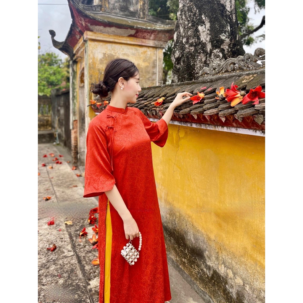 Áo Dài Cách Tân Dáng Xuông Chất Gấm Tơ Đính nơ