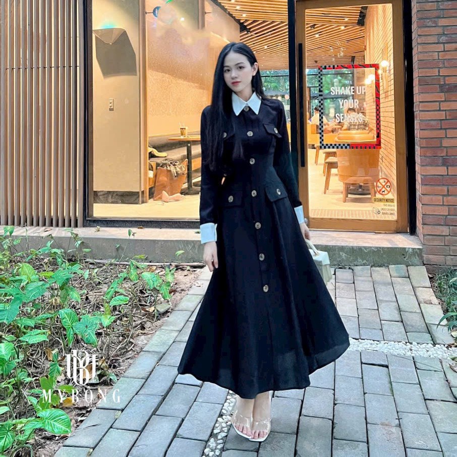 Đầm sơ mi tiểu thư phối cúc đơn giản sang