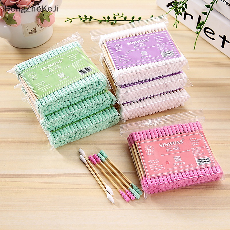 Set 100 Tăm Bông Hai Đầu Dùng Trang Điểm / Làm Sạch Tai / Mũi / Lỗ Chân Lông Chăm Sóc Sức Khỏe Cho Nữ hengzhekeji