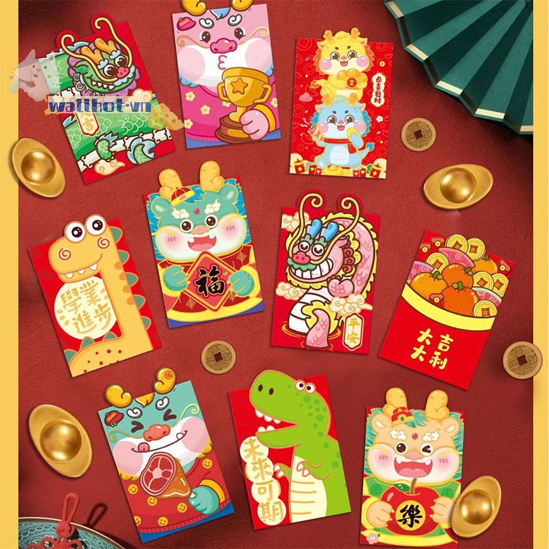 Set 6 Bao Lì Xì Hình Rồng Đỏ May Mắn Cho Năm Mới 2024
