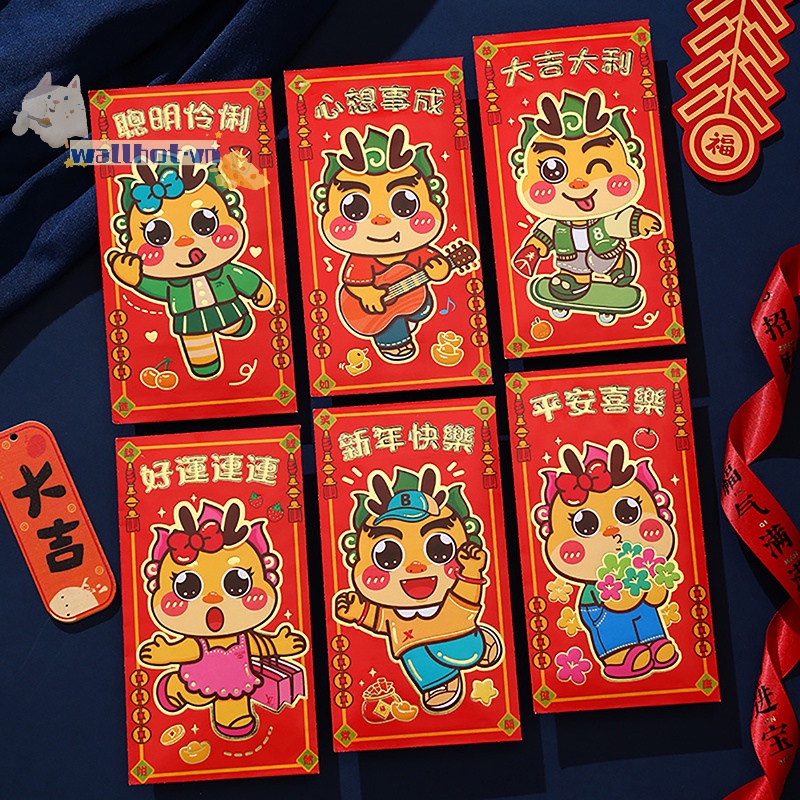 Set 6 Bao Lì Xì Hình Rồng Năm Mới 2024 Phong Cách Trung Hoa