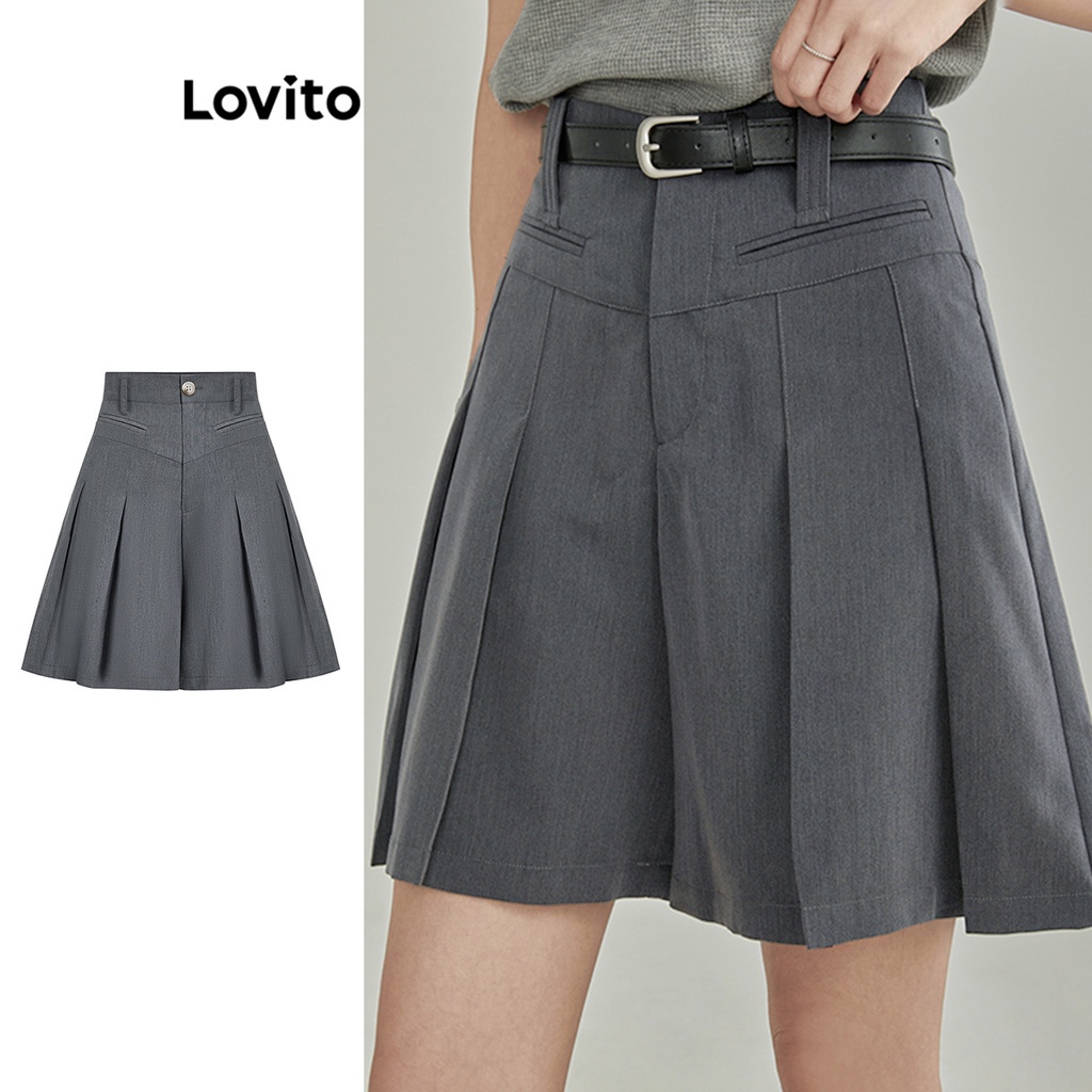 Quần short Lovito có nút xếp ly màu trơn thường ngày cho nữ L62ED081 (màu xám)