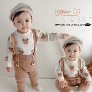 Set áo len tay dài hình gấu + quần yếm đáng yêu cho bé