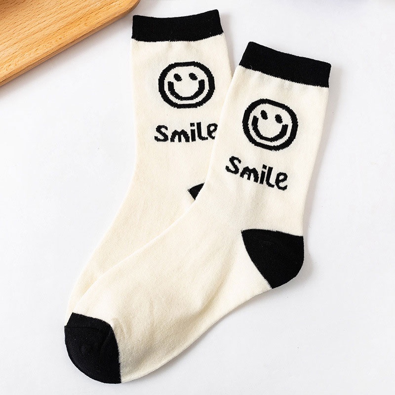 Vớ cotton Thuần Khiết Dài Trung Bình In Hình Mặt Cười Phong Cách Thể Thao Thời Trang Xuân Thu Cho Nữ