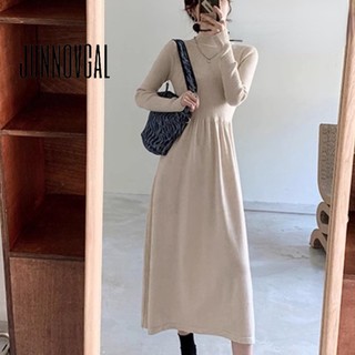 JUNNOVGAL Nữ Midi Đầm Màu Trơn Thời Trang Phong Cách Mới Ôm Vừa Vặn Dài Tay Cổ Rùa