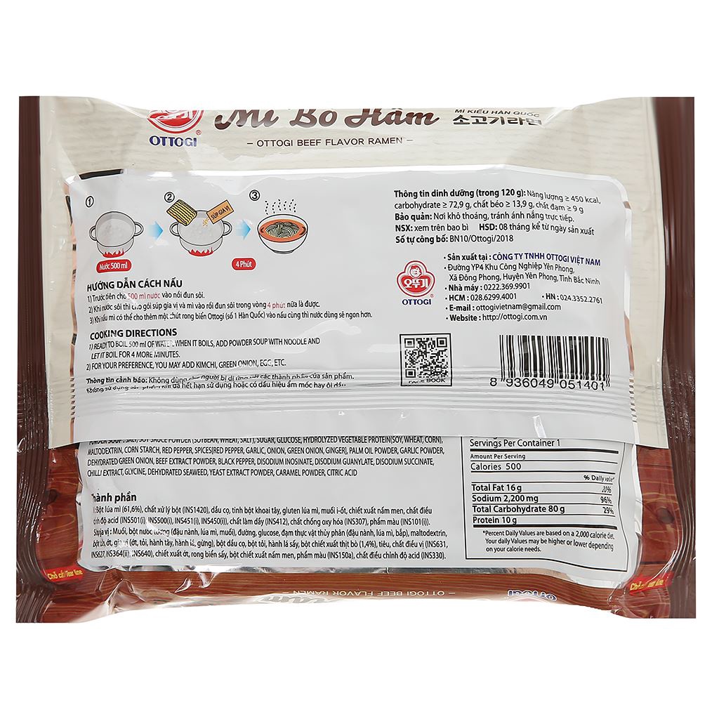 Mì nấu 4 phút OTTOGI bò hầm kim chi siêu ngon, Mì sợi to gói 120g - BHCH