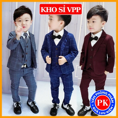 (TẶNG NƠ CÀI CỔ) Set bộ Vest cao cấp 4 chi tiết cho bé trai từ 3 đến 7 tuổi E168