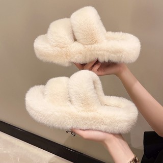 Dép bông quai ngang phủ lông mềm đế 4cm siêu thời trang
