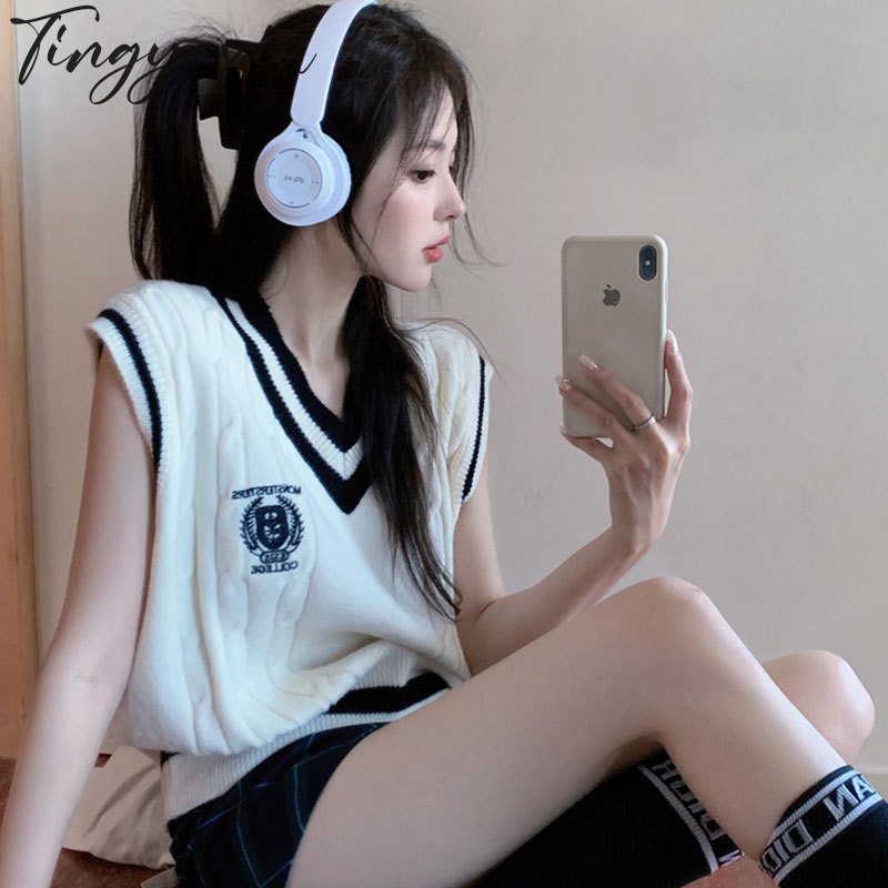 Áo sweater TING YA XIU dệt kim không tay cổ chữ V thời trang mùa thu cho nữ