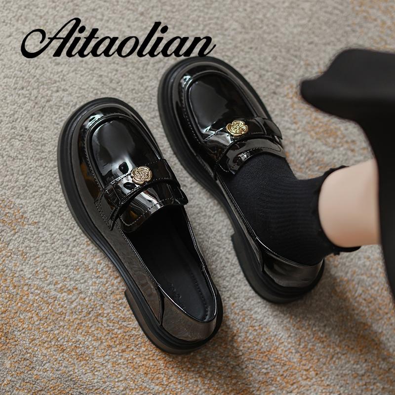 Giày Cao Gót 3.5cm Chất Liệu Da Đế Bằng Mũi Tròn Phong Cách mary jane retro Cho Nữ