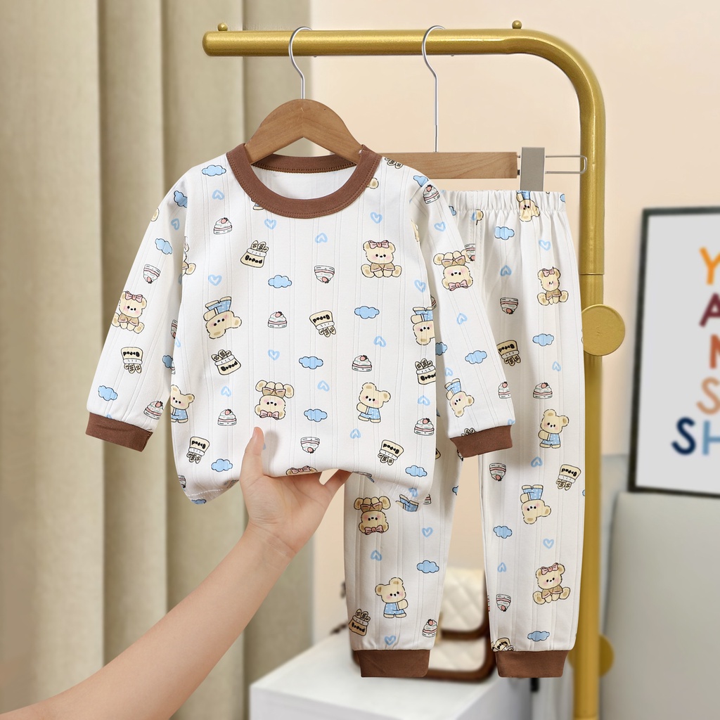 Bộ Đồ Ngủ 2 Món Tay Dài Cổ Tròn In Họa Tiết Hoạt Hình Dễ Thương Cho Bé