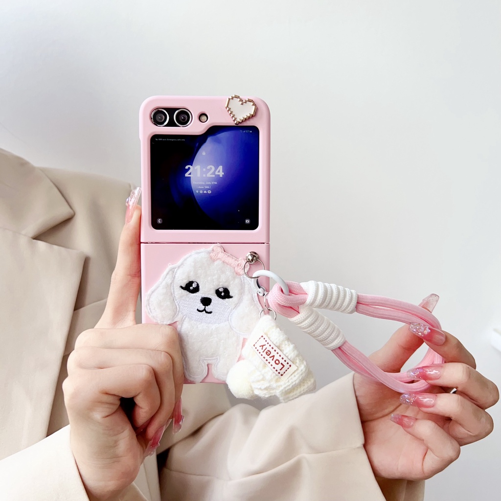 Bao Da Điện Thoại Nắp Gập Chống Va Đập Kèm Dây Đeo Tay Thêu Hình Chú Cún Dễ Thương Dành Cho samsung galaxy z Flip 3 Flip 4 Flip 5 Ốp