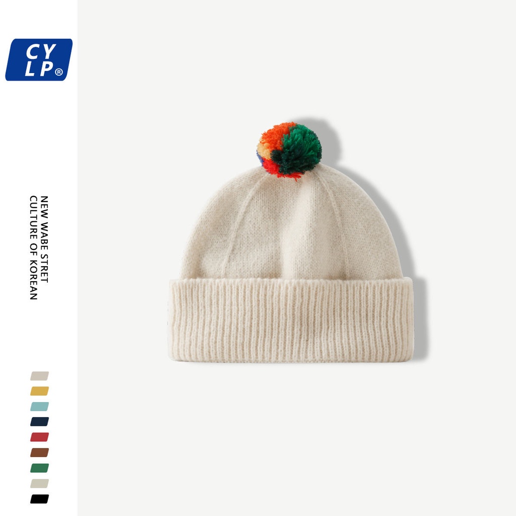 Mũ Len Kẻ Sọc Nhiều Màu Đính Quả Bông Dễ Thương Phong Cách Hàn Quốc Cho Nam Và Nữ