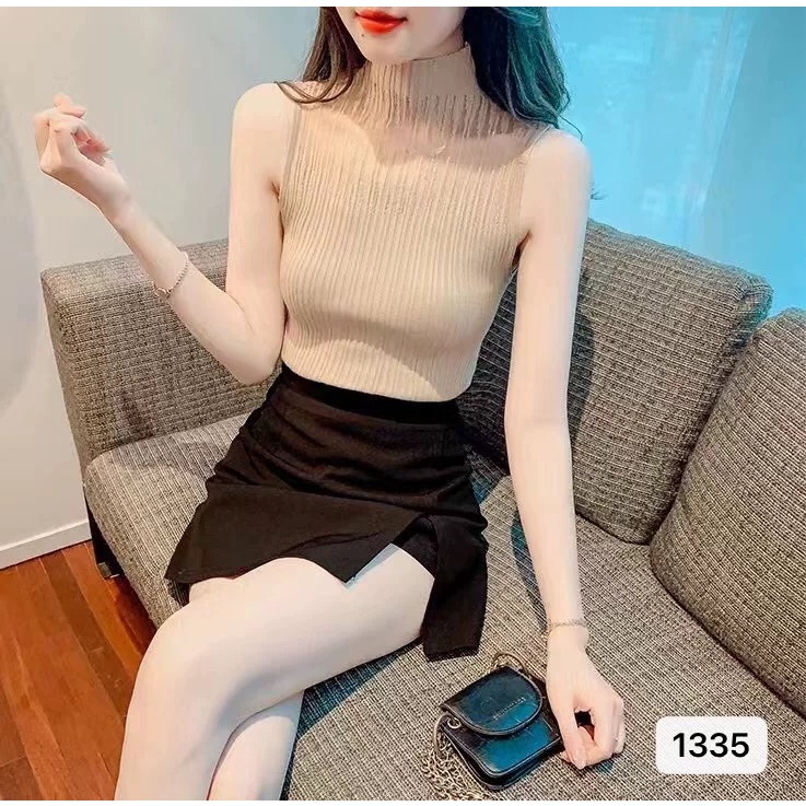 Hàng chuẩn bị giao, MA 2023 mới, sơ mi hàn quốc mới, sơ mi không tay, cổ cao, vải dệt kim khoét lỗ,
