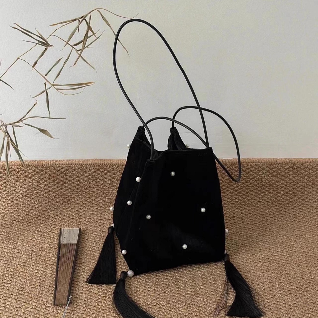 Túi Xách Đeo Vai Đan Len Màu Đen Dung Tích Lớn Phong Cách Trung Hoa Thời Trang Thu Đông Hàng Mới 2023 Dành Cho Bạn Nữ