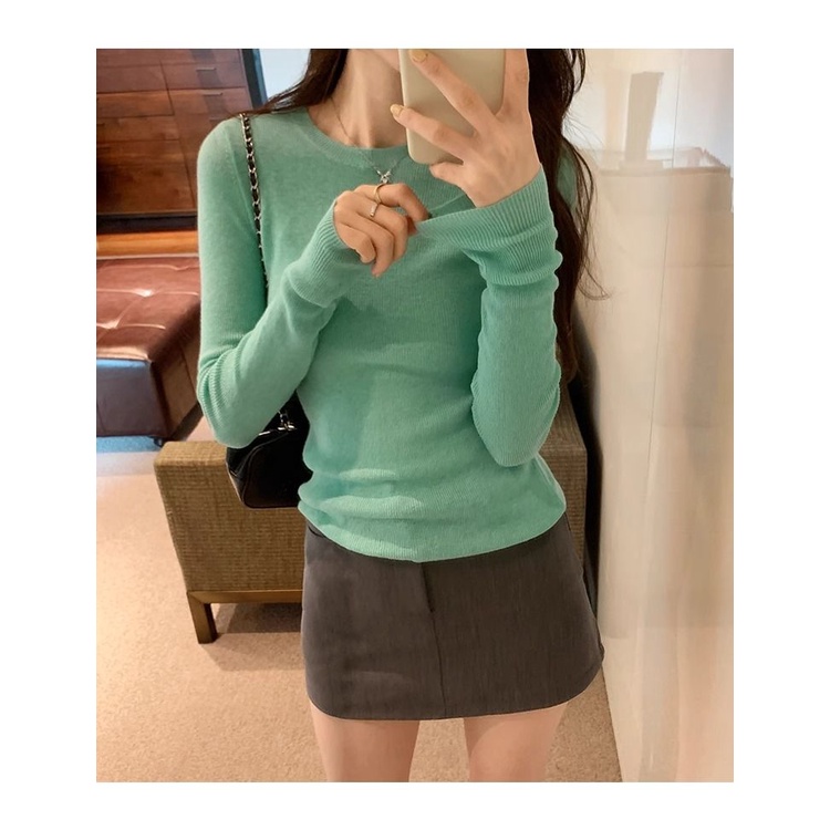 Áo Thun Tay Dài Cổ Tròn Màu Trơn Dáng Ôm Thời Trang Mùa Thu Hàn Quốc 2023