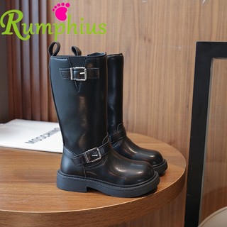 Rumphius giày bốt da cổ cao đế mềm chống trượt có khóa kéo thời trang thu đông cho bé gái size 22-31