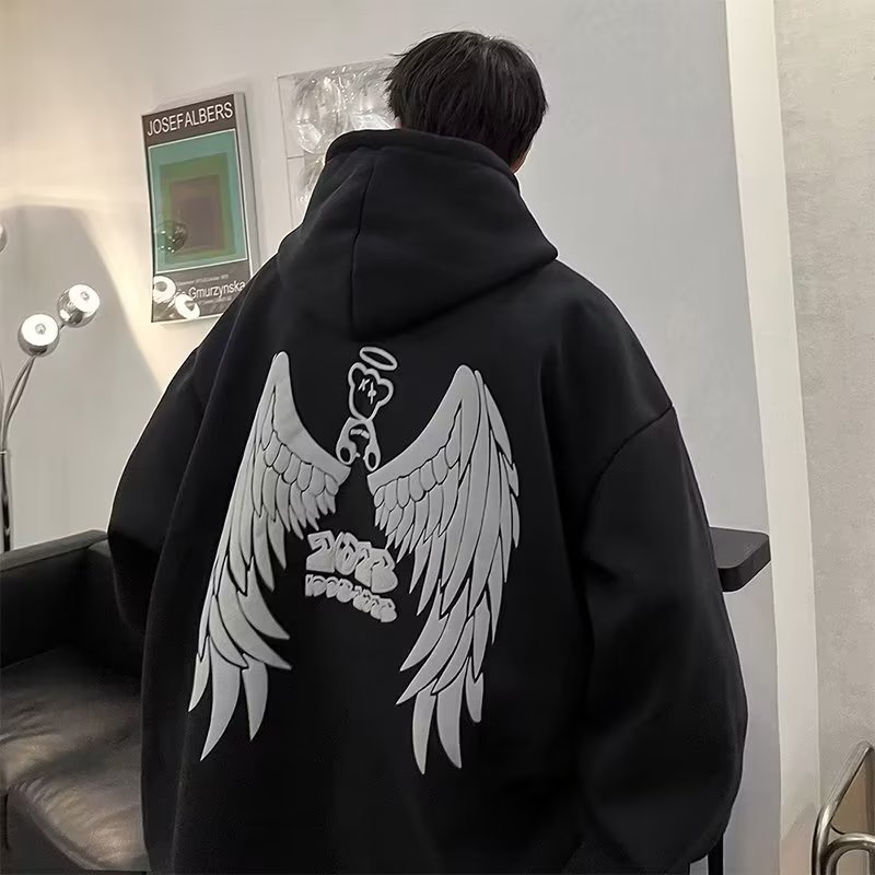 Áo Hoodie Dáng Rộng In Hình Đôi Cánh Thiên Thần Thời Trang Thu Đông Phong Cách Âu Mỹ Cho Nam