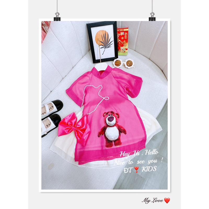 Áo dài cách tân bé gái, áo dài Tết gấu dâu kèm dây ngọc nơ cho bé gái