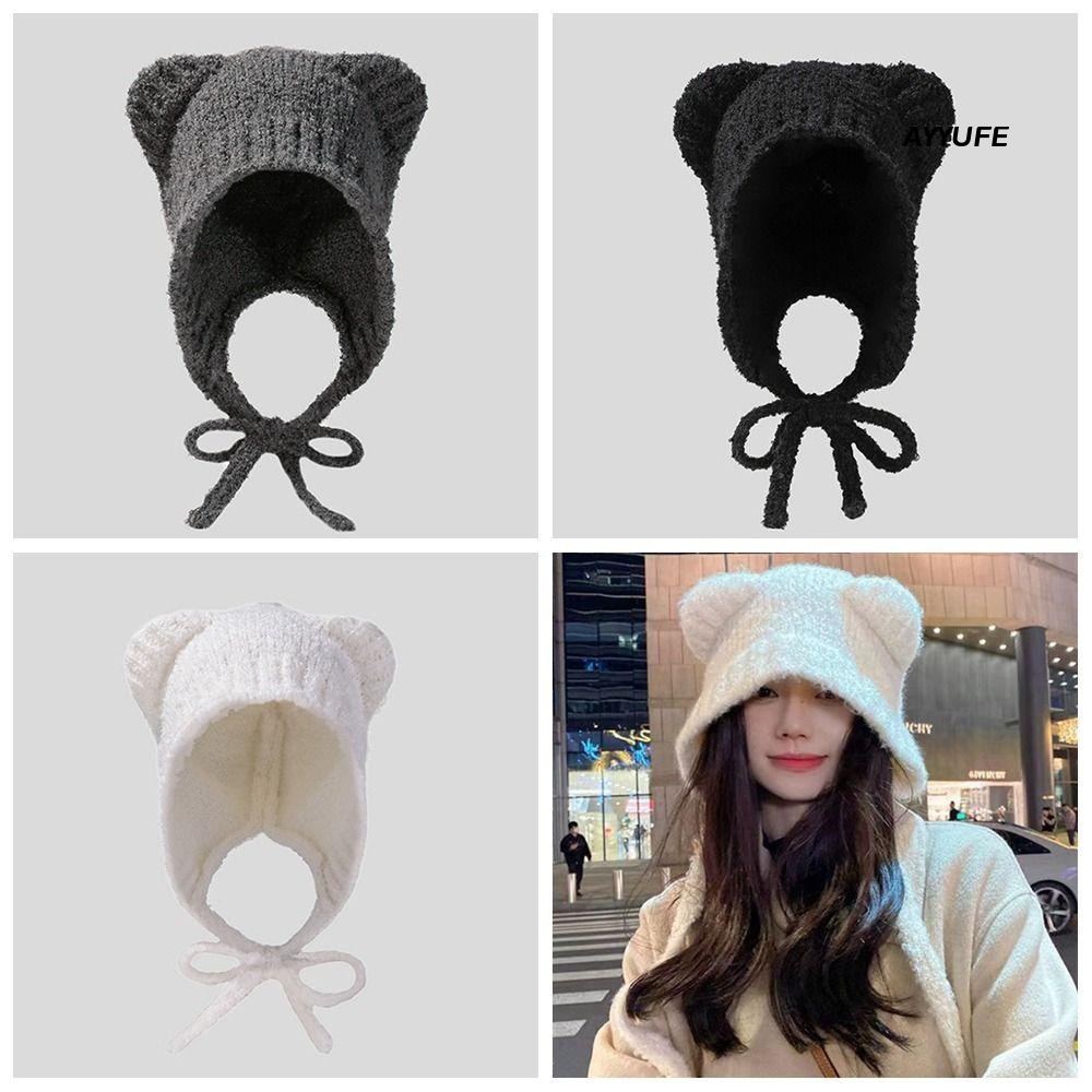 Ayyufe Mũ beanie Len Dệt Kim Trang Trí Tai Mèo Bảo Vệ Tai Đi Kèm Trang Phục Phong Cách Đường Phố