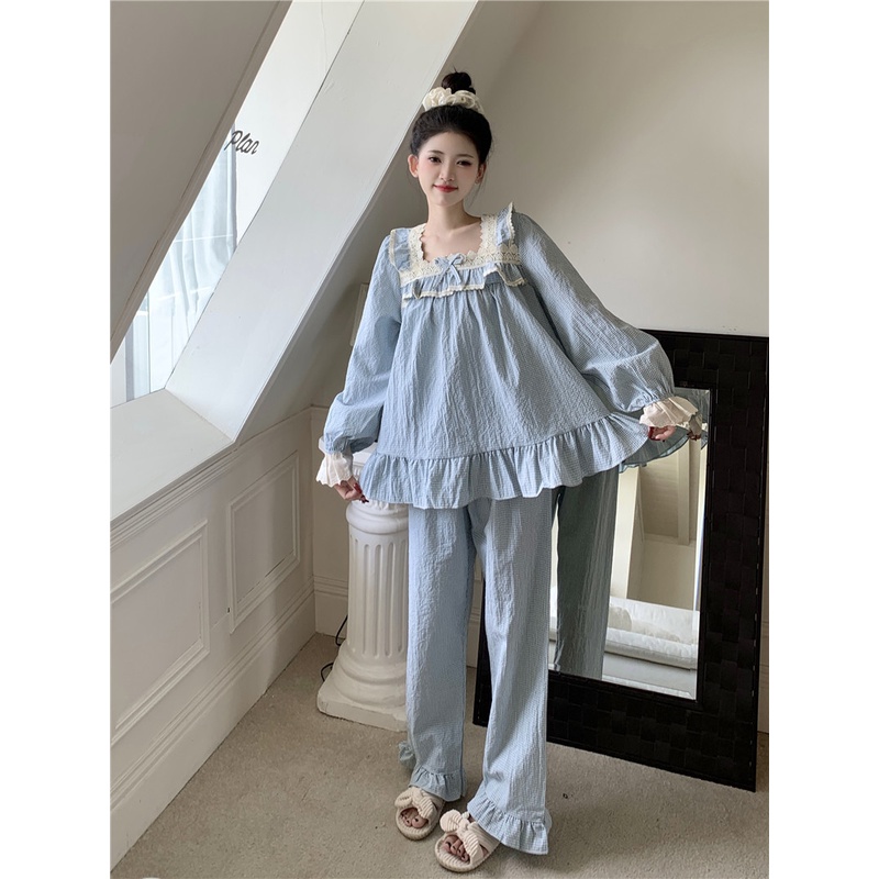 BN191_ Bộ ngủ nữ, bộ pijama dài tay cổ nơ màu be cotton phong cách Hàn Quốc | Hàng Quảng Châu cao cấp