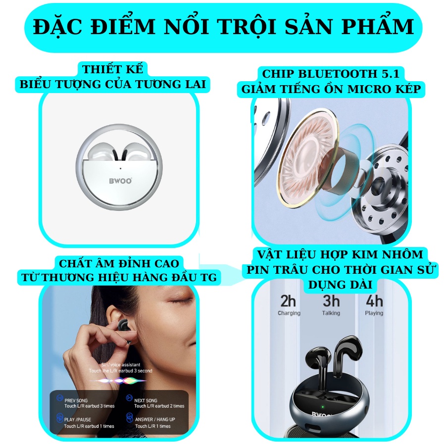 Tai nghe Bluetooth BWOO không dây Cao cấp hợp kim nhôm pin trâu Mic chống ồn JUDI