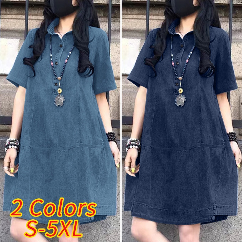 Đầm denim ZANZEA tay ngắn dáng rộng cài nút trước thời trang cho nữ | BigBuy360 - bigbuy360.vn