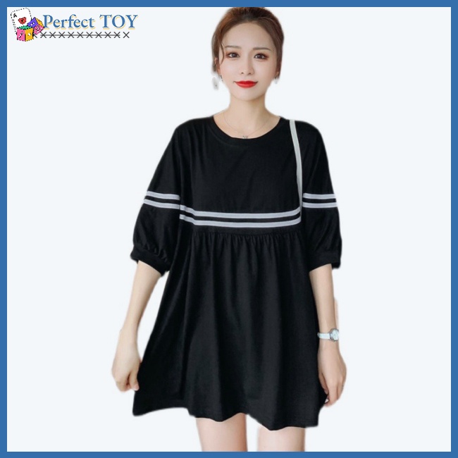 Sf Đầm Thun Ngắn Tay Dáng Rộng Họa Tiết Kẻ Sọc Màu Tương Phản Thời Trang Cho Mẹ Bầu